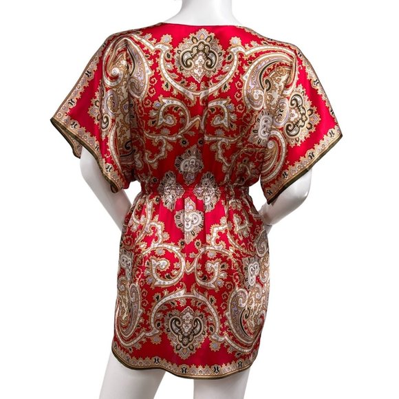 CAbi Silk Red Paisley Kimono Tie Front V Neck Short Flutter Sleeve Top Small EUC - Picture 3 of 7